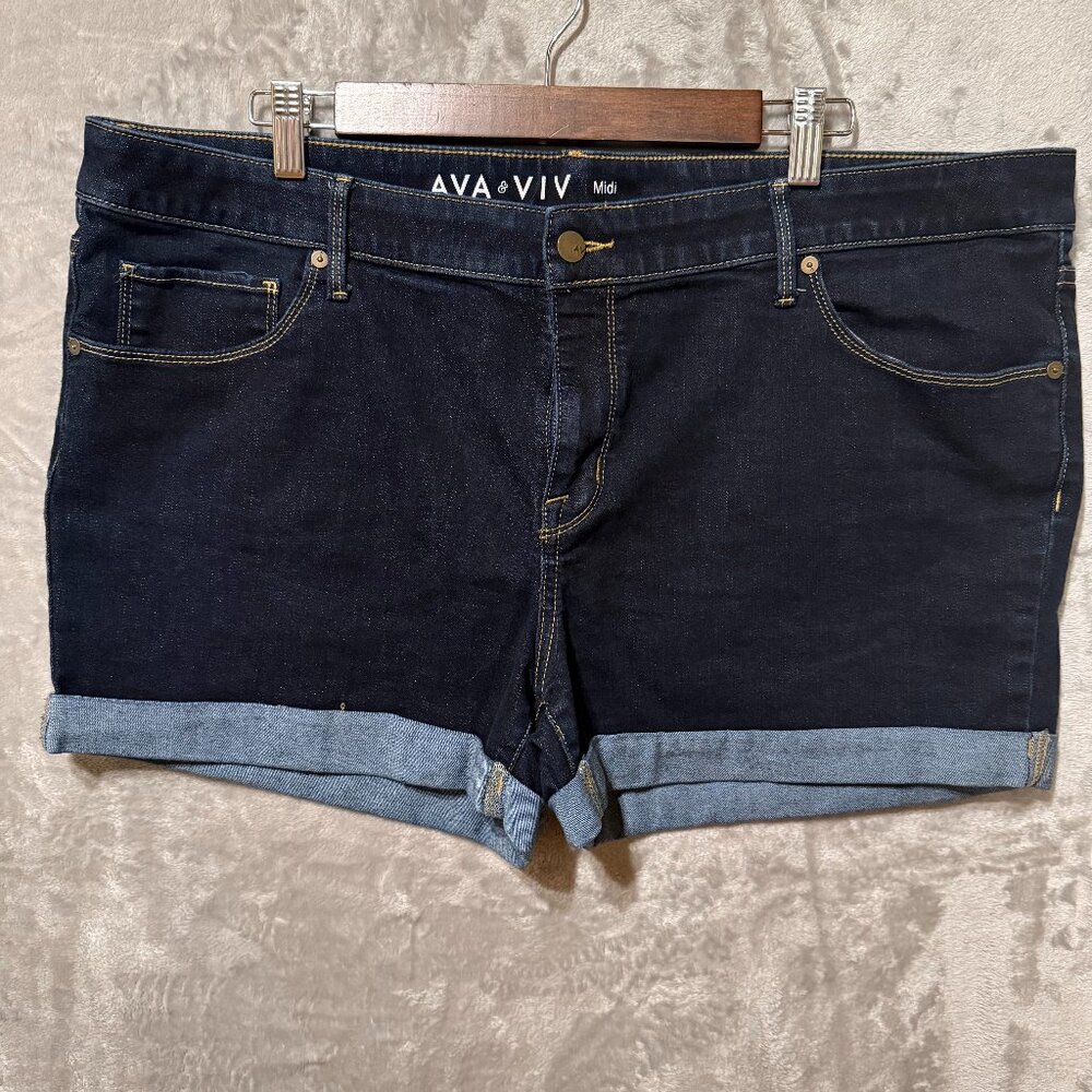 Ava & Viv Women’s Denim Shorts Size 20W Dark Wash Midi Cuffed Hem Super Stretch